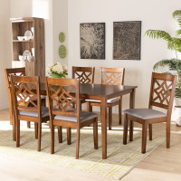 Baxton Studio RH340C-Grey/Walnut-7PC Dining Set Nicolette Modern and Contemporary Grey Fabric Upholstered and Walnut Brown Finished Wood 7-Piece Dining Set